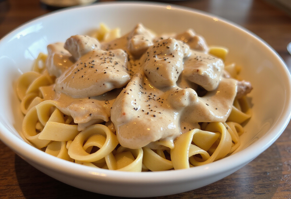 Fideos de huevo cubiertos con deliciosa salsa de pollo stroganoff en un tazón para servir.