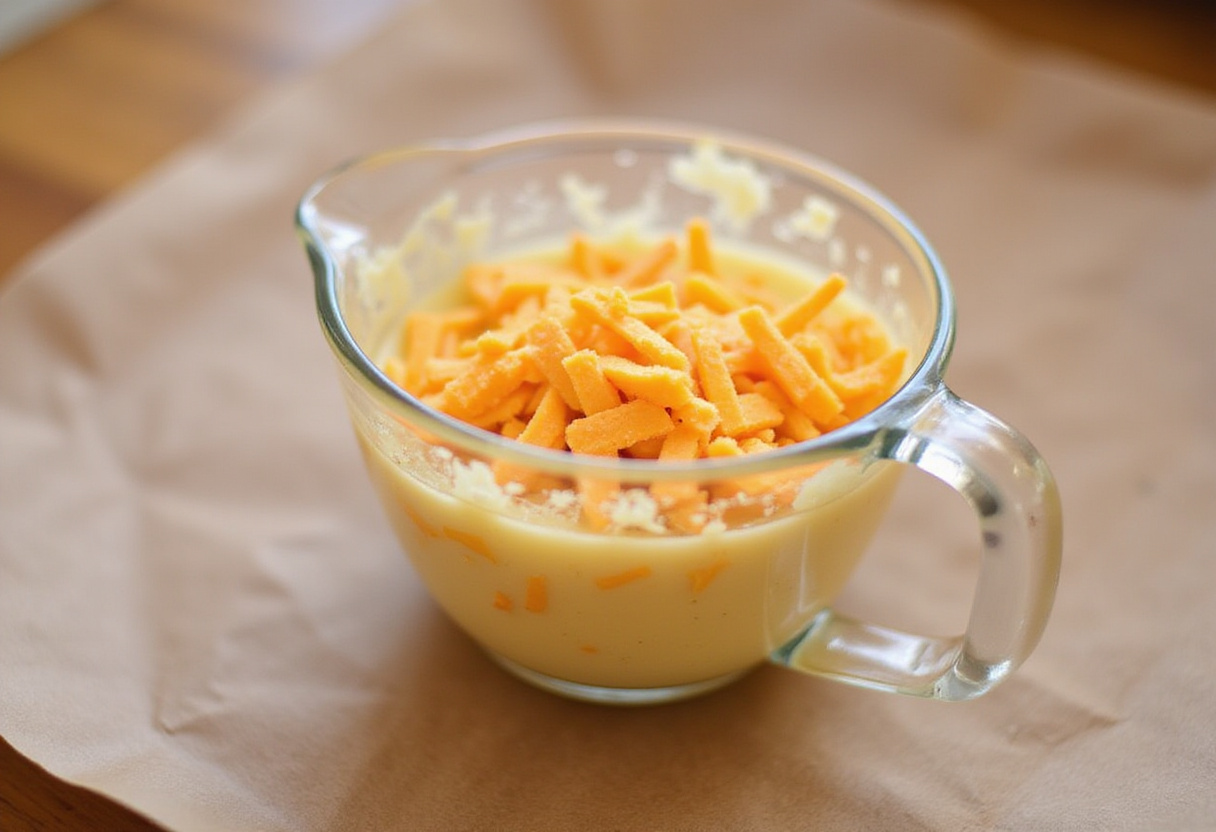 Queso cheddar rallado listo para mezclar en la receta de popovers esponjosos.