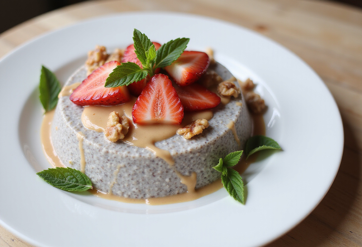 Pudín de chía saludable con mantequilla de nueces y frutas frescas, un postre delicioso y nutritivo.