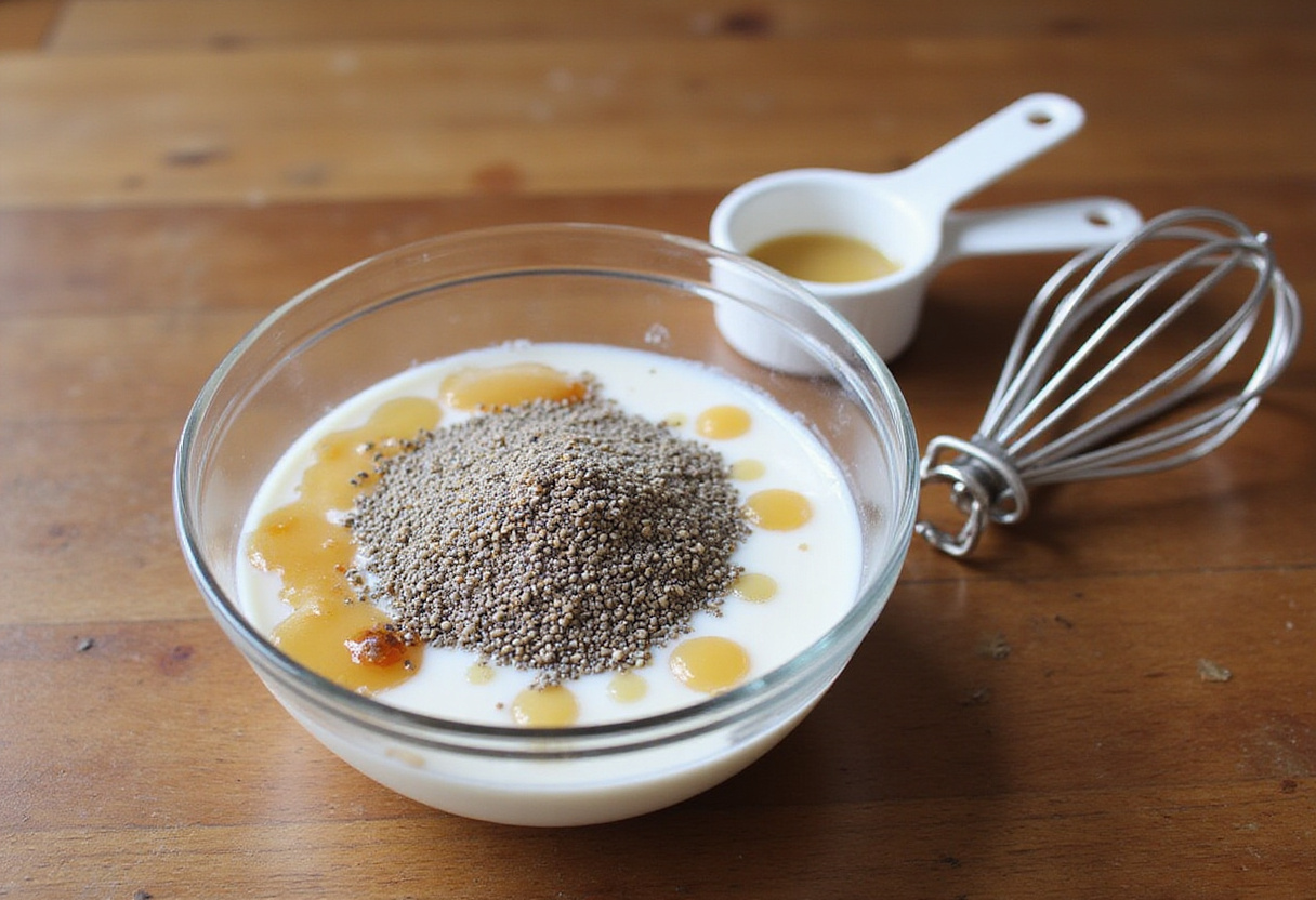 Ingredientes para pudín de chía saludable con semillas de chía y leche de almendras.