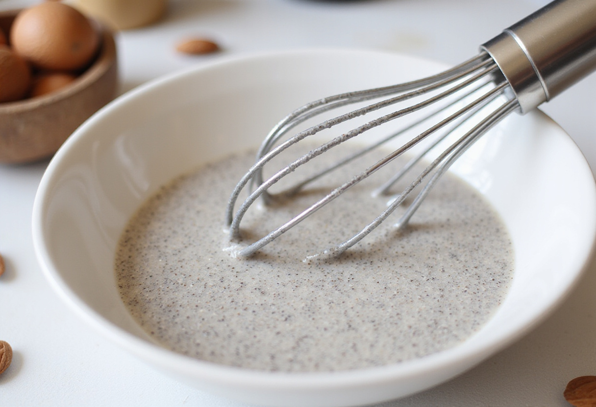 Mezclando los ingredientes del pudín de chía saludable para lograr una textura cremosa.