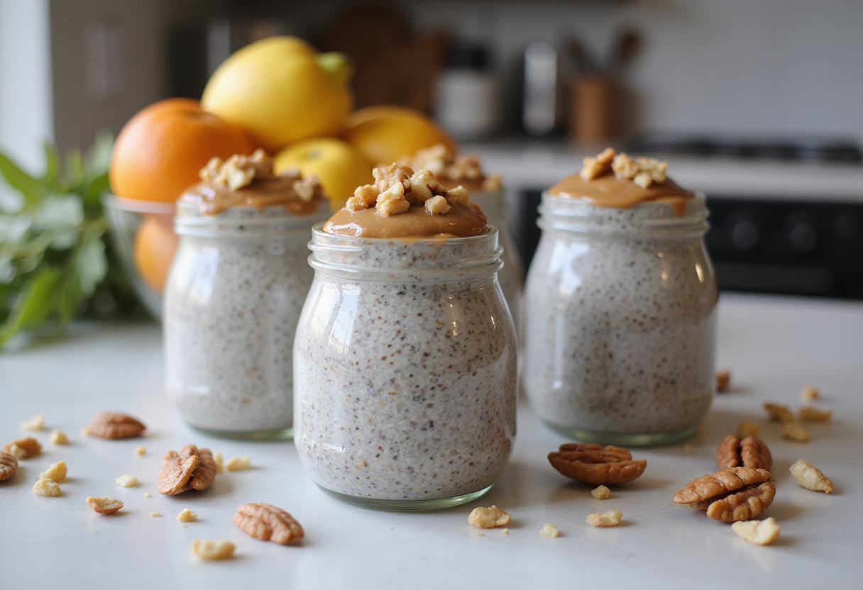 Pudín de chía con nueces en frascos listos para refrigerar, un postre saludable.