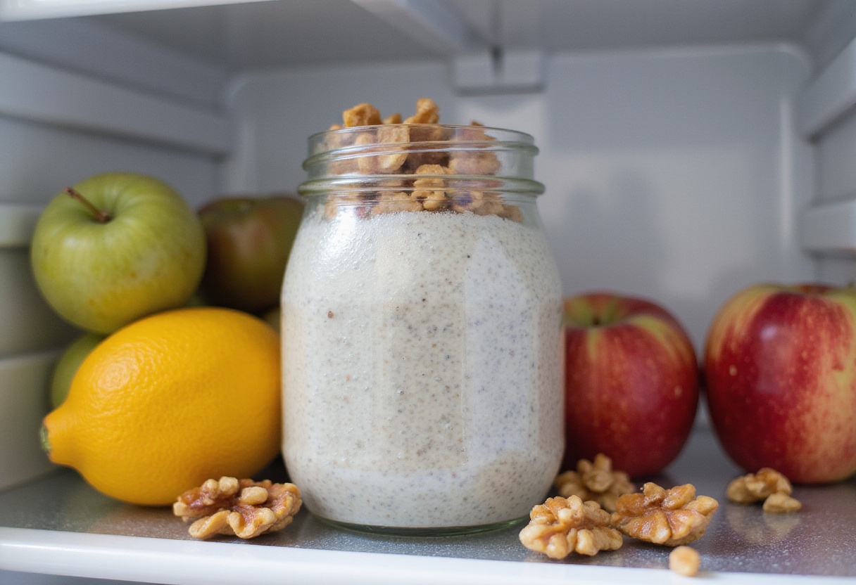 Frascos de pudín de chía saludable en el refrigerador, enfriando antes de servir.