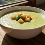 Crema de brócoli con queso servida en un tazón, perfecta para disfrutar en cualquier ocasión.