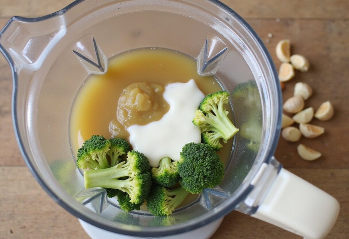 Ingredientes listos para hacer crema de brócoli con queso en una licuadora para una sopa suave.