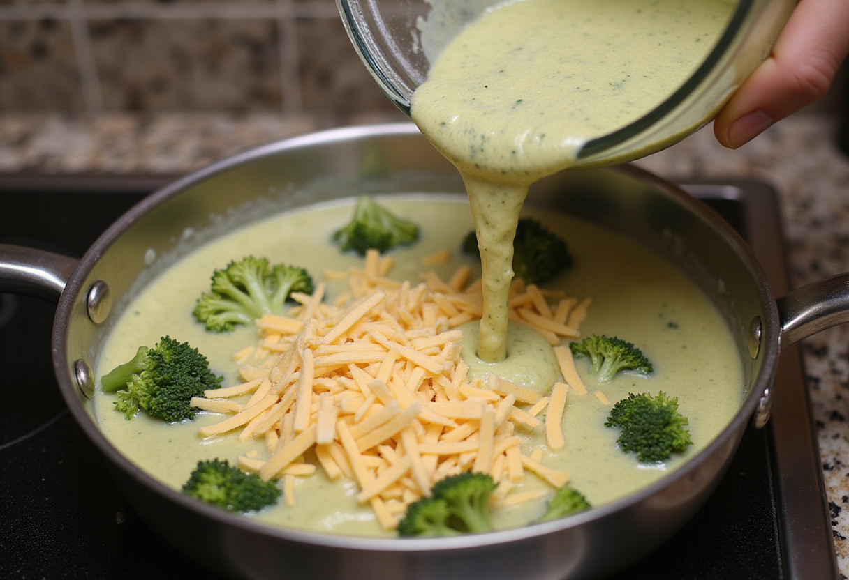 Mezcla cremosa de brócoli vertida en la olla para la receta de crema de brócoli con queso.