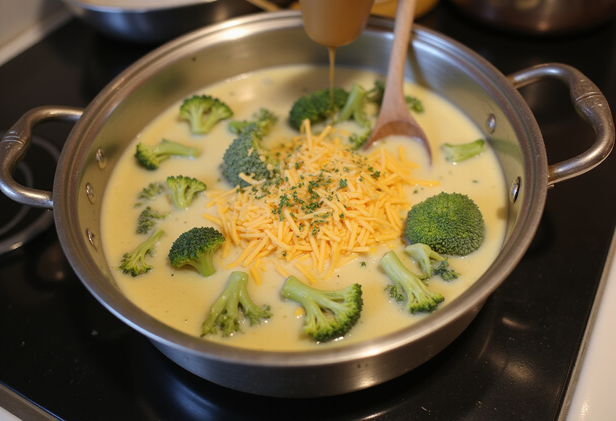 Sopa de brócoli en la estufa cocinando con queso derretido y hierbas para la crema de brócoli.