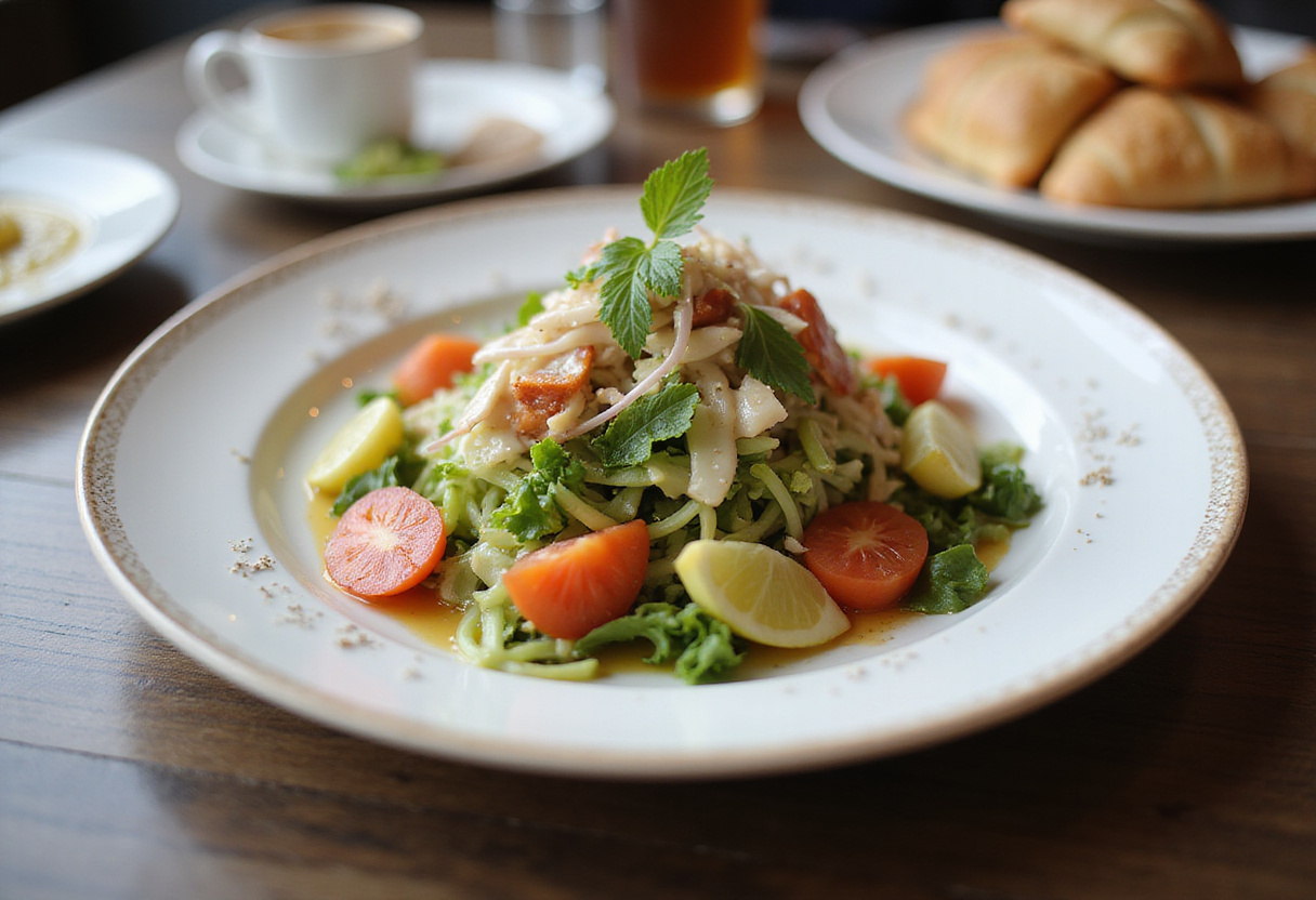 Ensalada fría terminada, lista para compartir en una mesa elegante.