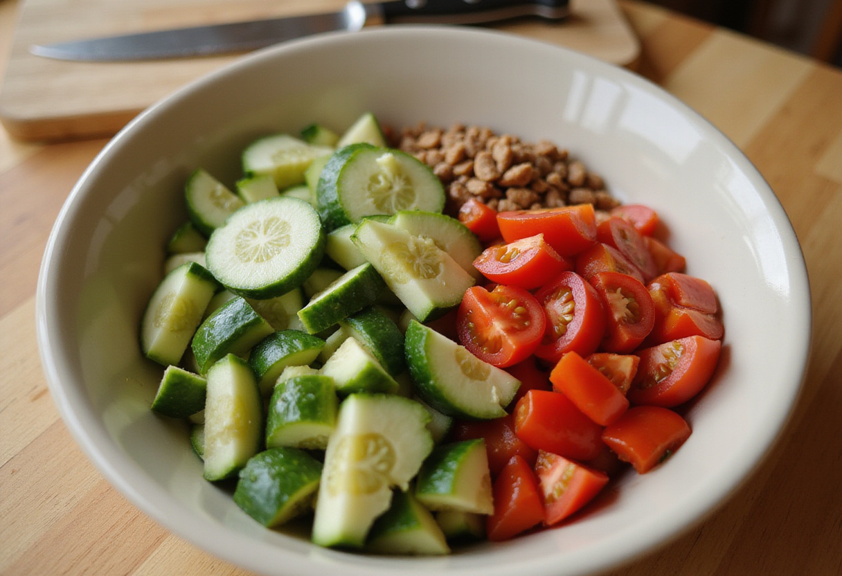 Ingredientes frescos para ensalada fría, con verduras cortadas como pepinos, tomates y pimientos en un tazón.