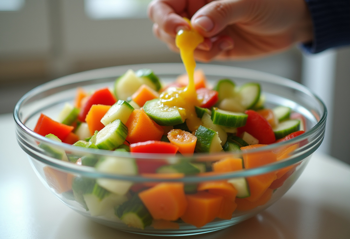 Mezcla de ingredientes para ensalada fría en un tazón grande, con aderezo y verduras coloridas.
