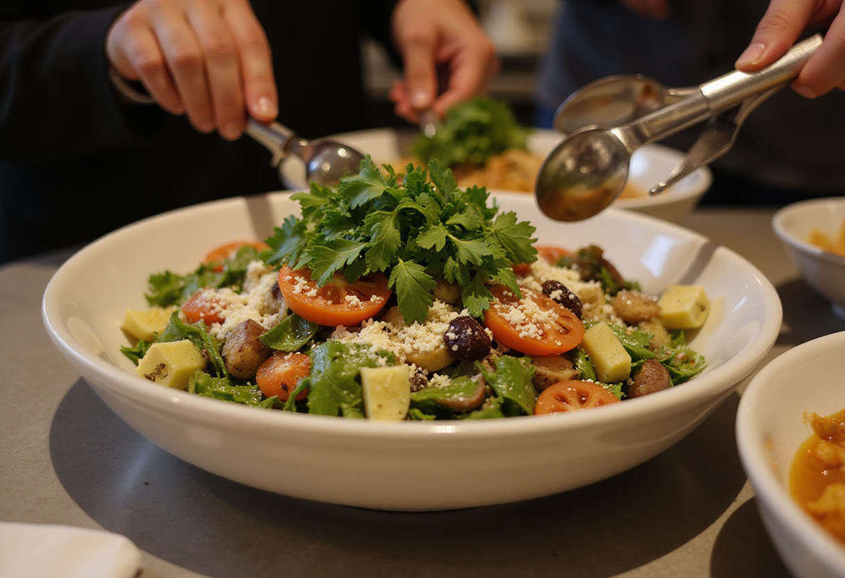 Ensalada fría lista para servir, decorada con hierbas frescas y queso.
