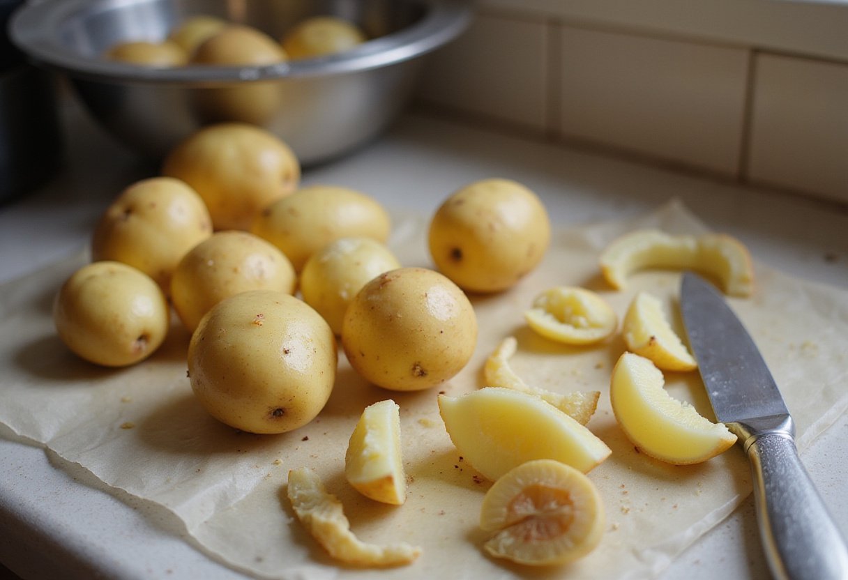 Papas cocidas siendo peladas para la receta de papas rellenas.