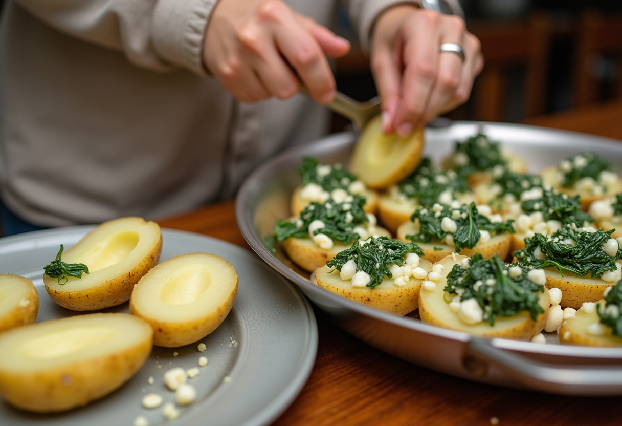 Relleno de papas con queso y espinacas para recetas de papas rellenas.