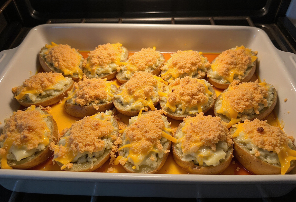 Papas rellenas preparadas para hornear en un plato para la receta de papas rellenas con queso y espinaca.