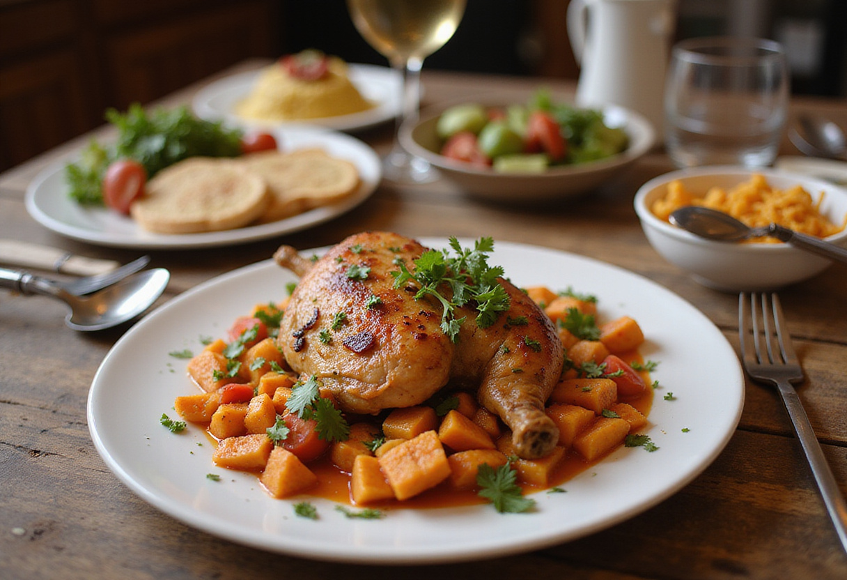 Plato terminado de pollo a la mostaza, ideal para una cena especial, con guarniciones coloridas.