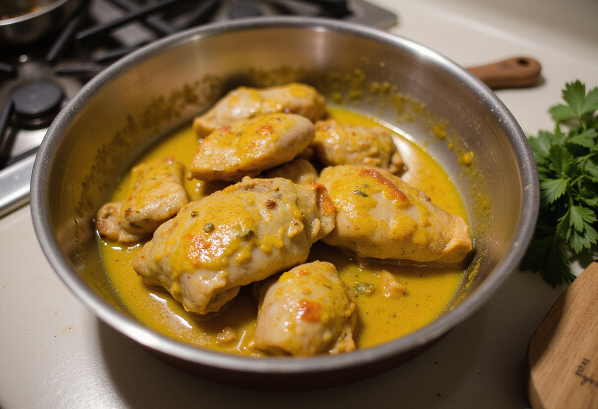 Pollo a la mostaza marinándose en una salsa de mostaza para una receta deliciosa.
