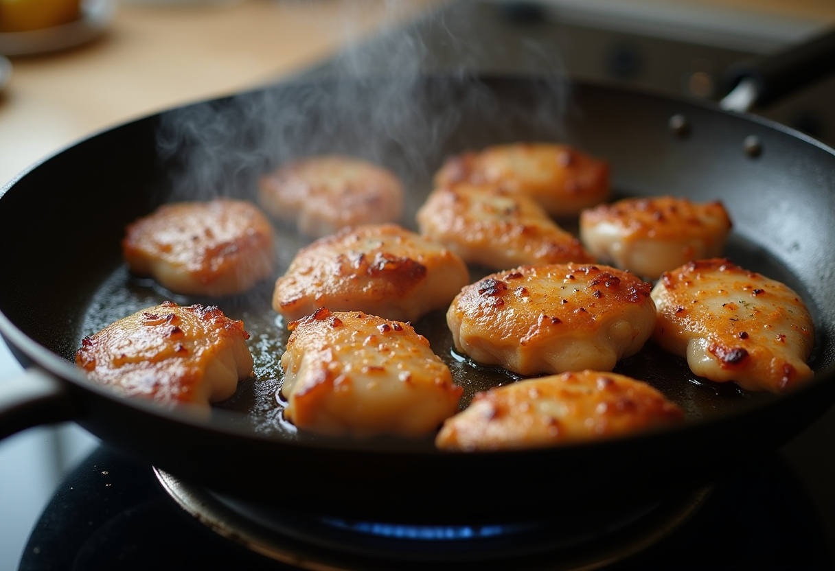Pollo a la mostaza siendo dorado en una sartén, capturando el proceso de cocción.