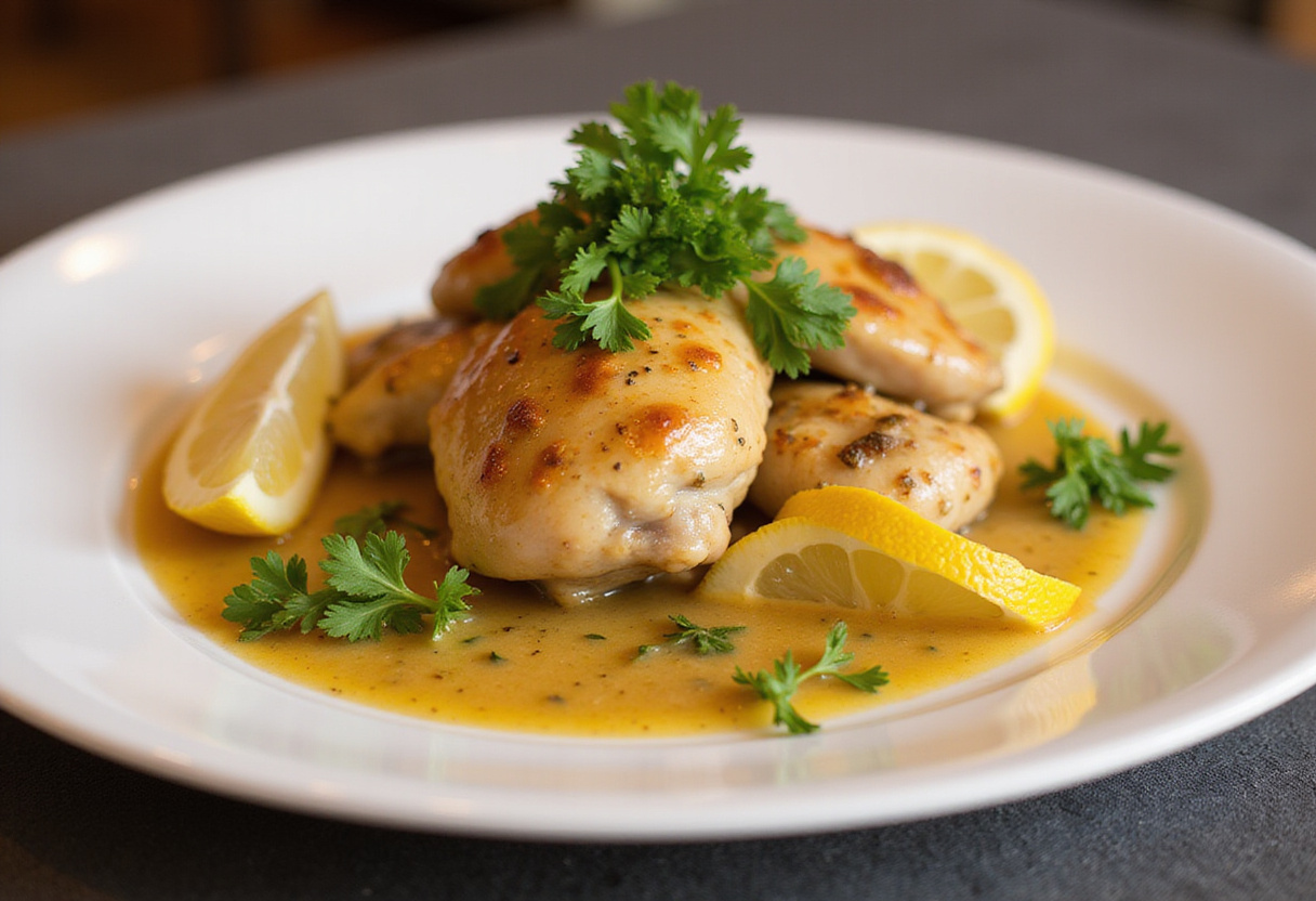 Pollo a la mostaza listo para servir, adornado con perejil fresco y rodajas de limón.
