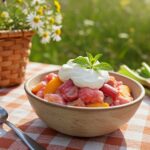 Postre de durazno y ruibarbo frío, perfecto para disfrutar en un picnic de verano.