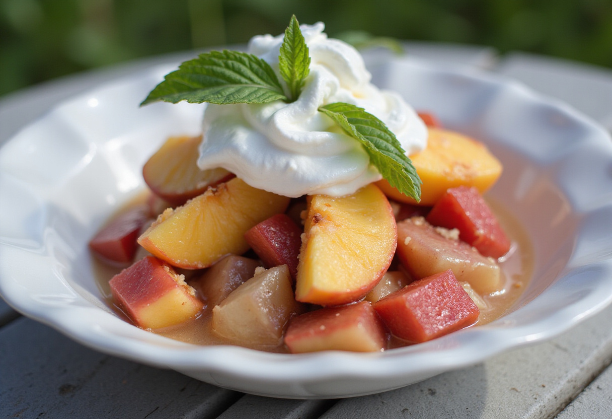 Postre de durazno y ruibarbo frío, perfecto para disfrutar en un picnic de verano.