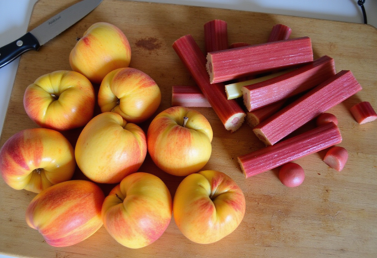 Frescos duraznos y ruibarbo en una tabla de cortar para recetas de verano.