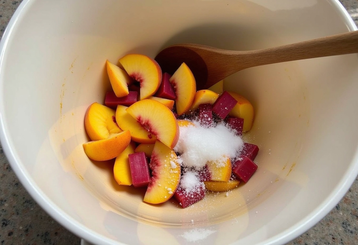 Mezcla de durazno y ruibarbo con azúcar y limón para recetas refrescantes de verano.