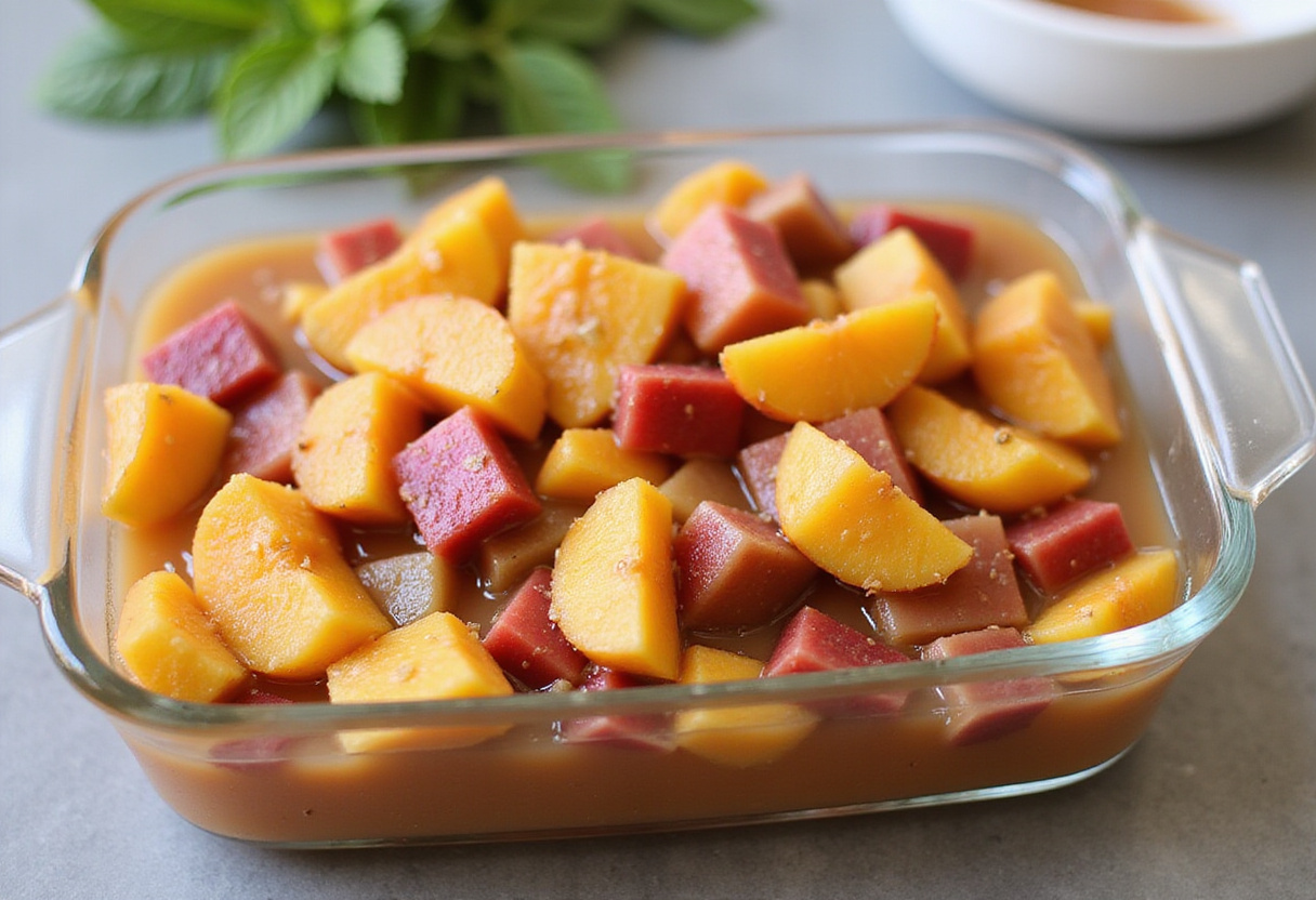 Mezcla de durazno y ruibarbo lista para enfriar en la nevera, ideal para recetas refrescantes.
