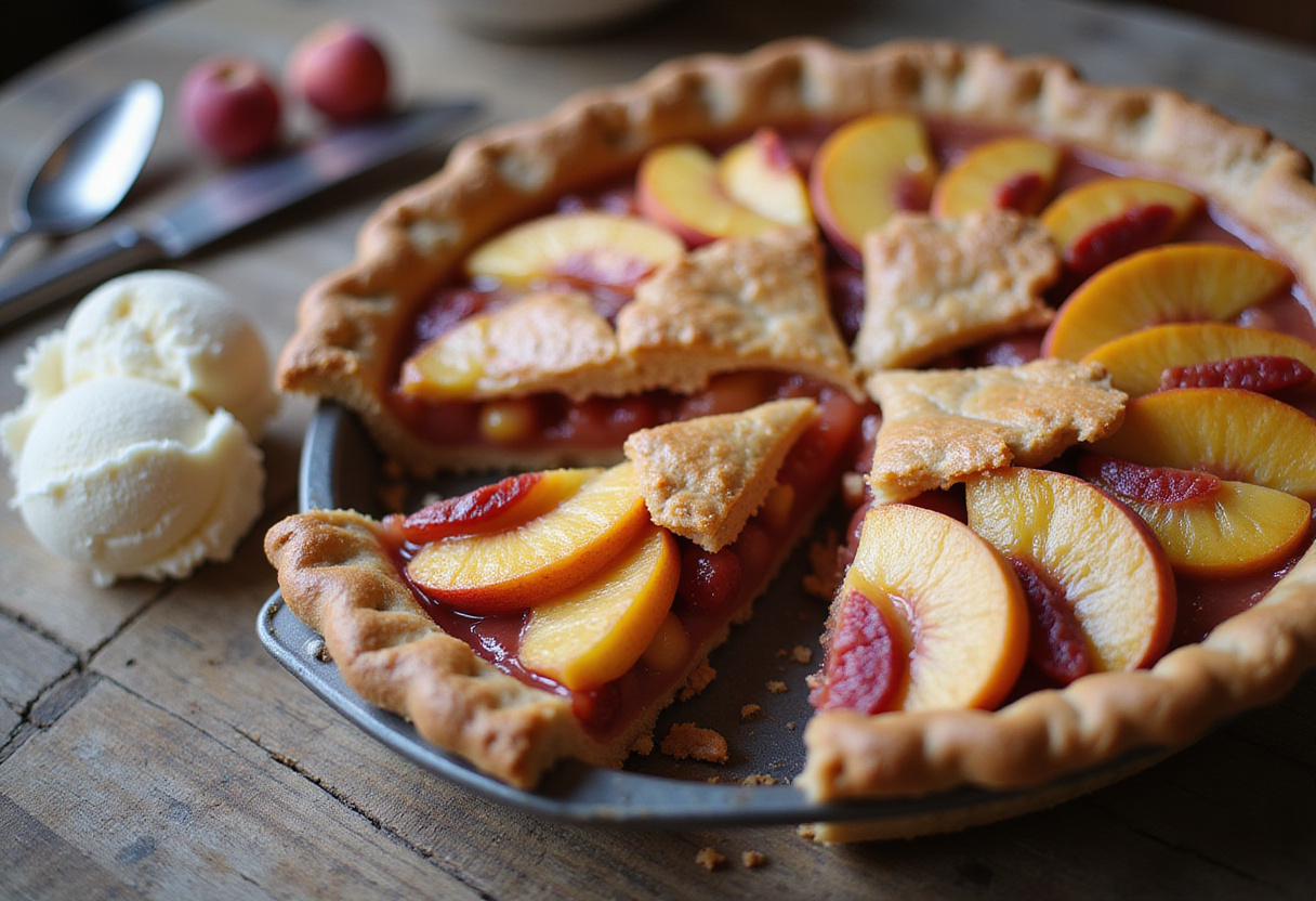 Tarta de durazno fresco y ruibarbo recién horneada, ideal para postres.