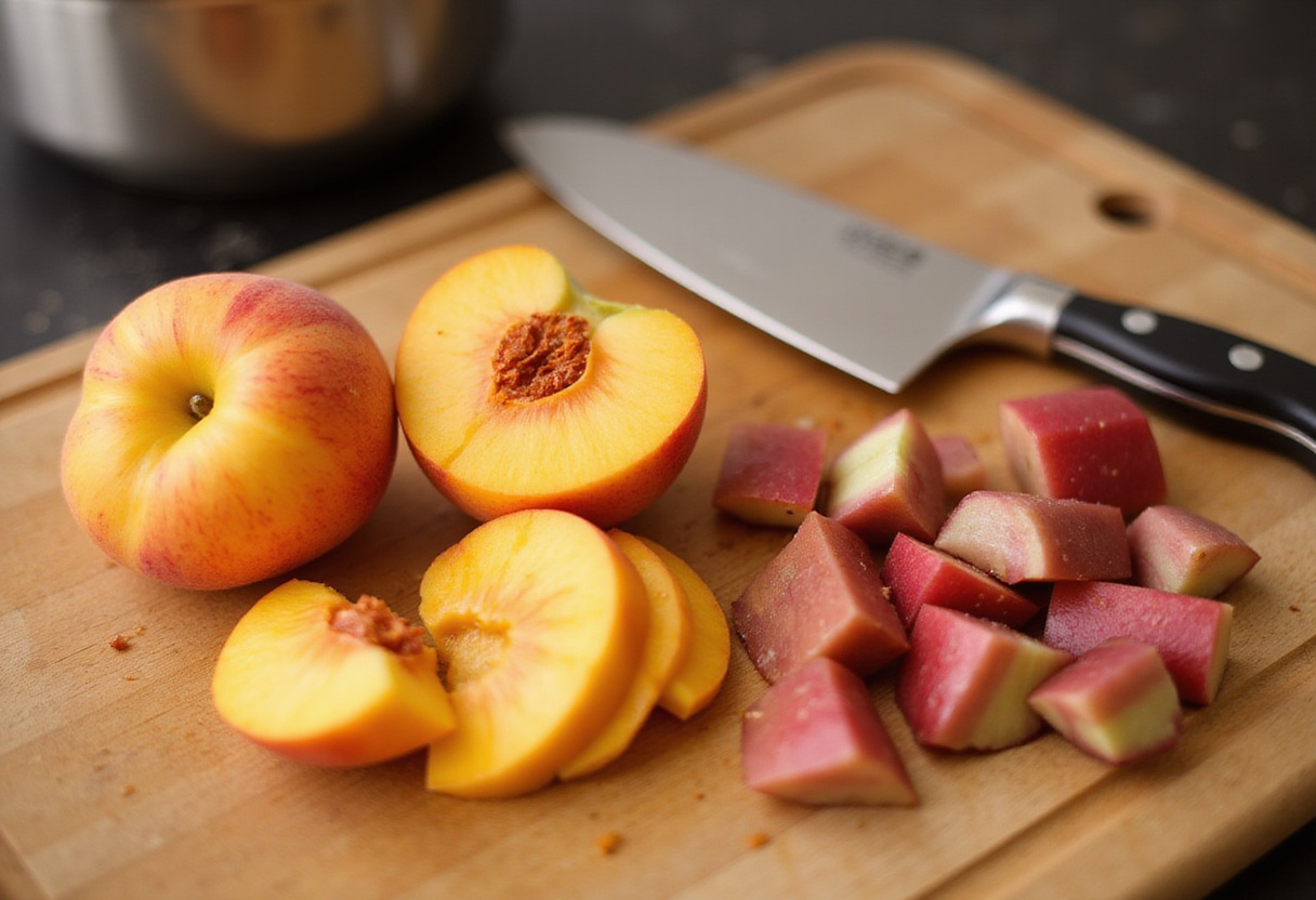 Ingredientes frescos de durazno y ruibarbo picados para recetas de durazno fresco.