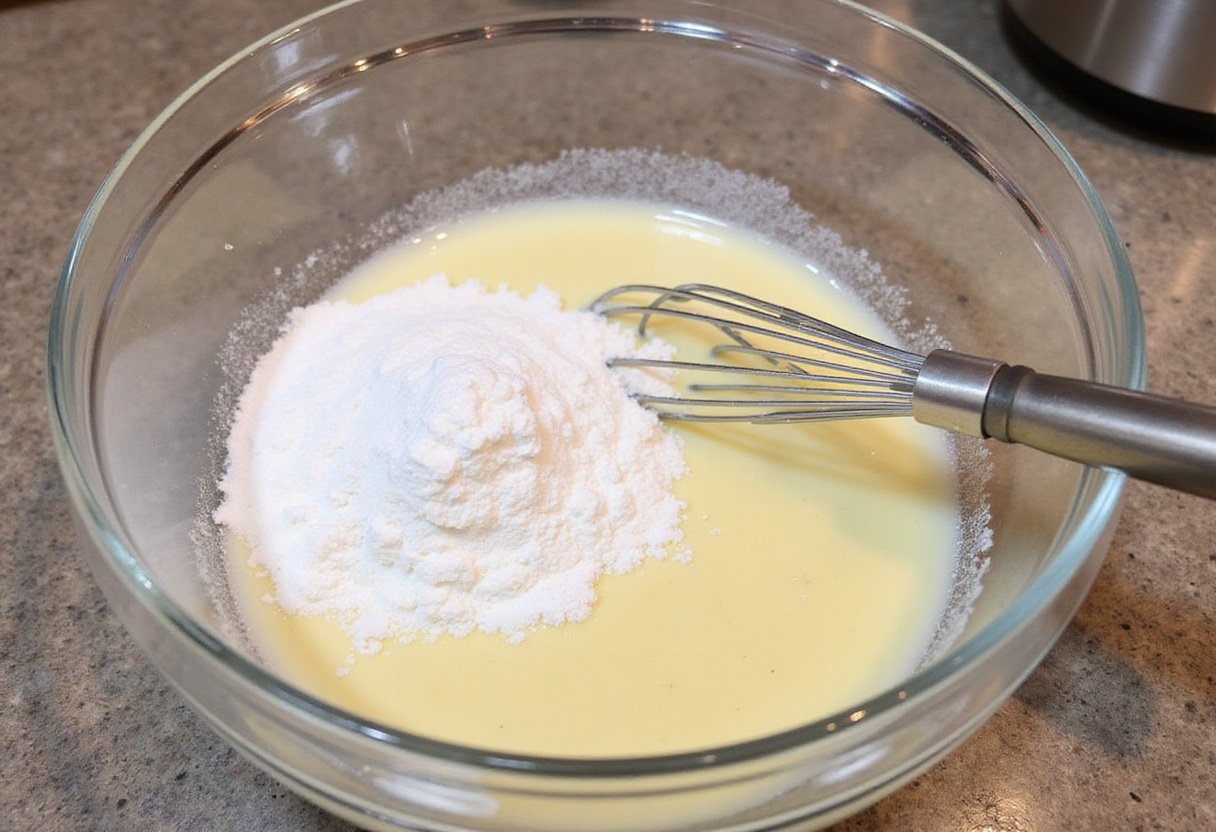 Mezcla de azúcar y maicena para postres con durazno en la cocina.