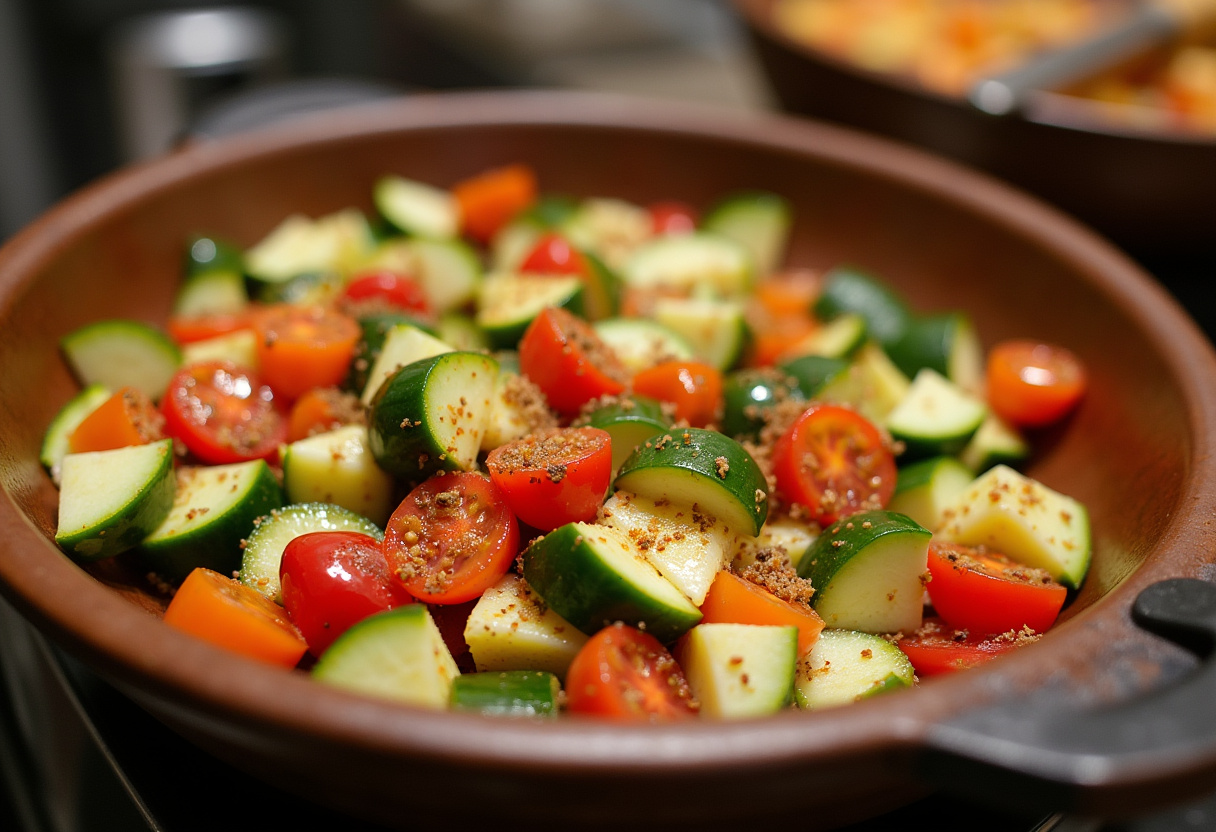 Vegetables being mixed with olive oil for platos de verano fresh recipes.