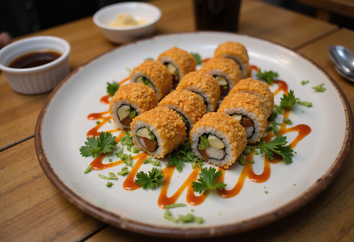 Plato terminado del Roll de Sushi California Crunch, ideal para disfrutar en una comida especial.