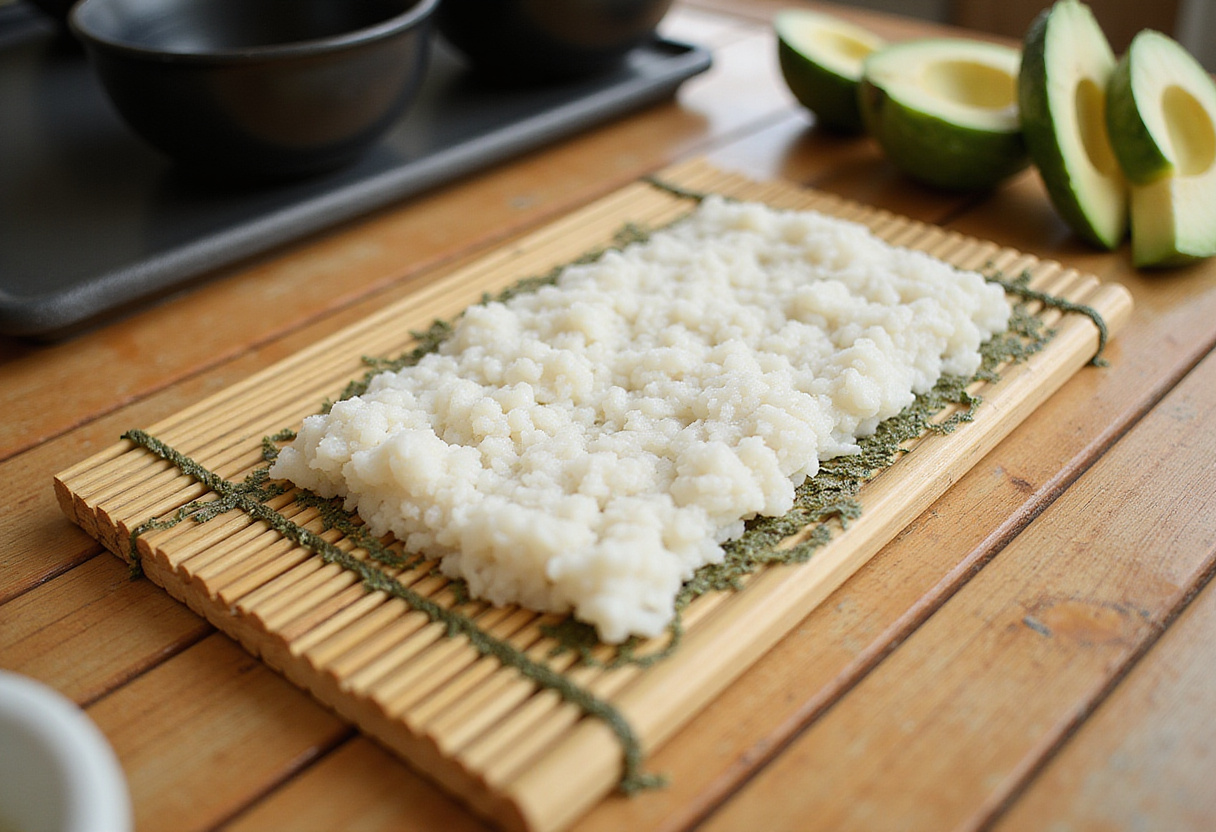 Preparando el Roll de Sushi California Crunch con arroz y verduras que son ingredientes clave.
