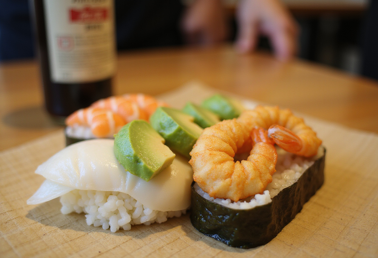 Añadiendo camarones tempura y aguacate dentro del Roll de Sushi California Crunch.