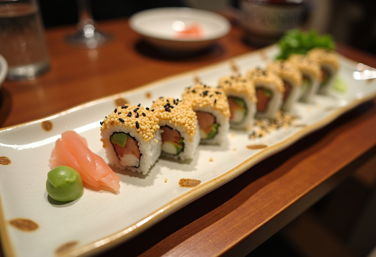 Roll de Sushi California Crunch cortado y decorado, listo para servir con salsa de soja como acompañamiento.