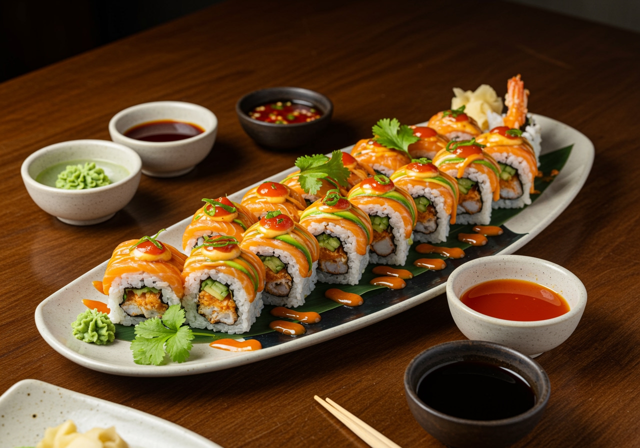 Plato terminado del Roll de Sushi California Crunch, ideal para disfrutar en una comida especial.