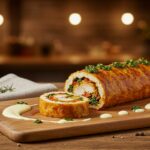 Presentación final del rollito de pollo con chimichurri y salsa de ajo, una explosión de sabor en la cocina argentina.