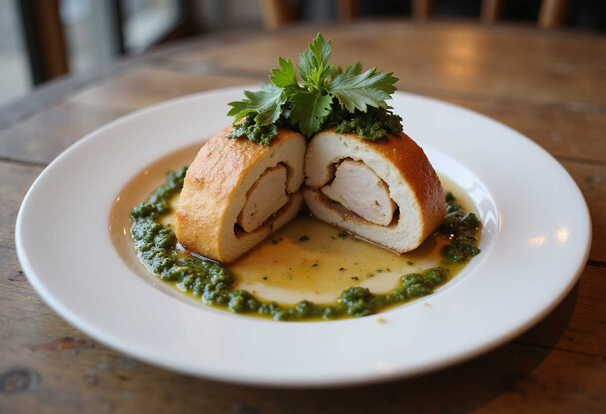 Presentación final del rollito de pollo con chimichurri y salsa de ajo, una explosión de sabor en la cocina argentina.