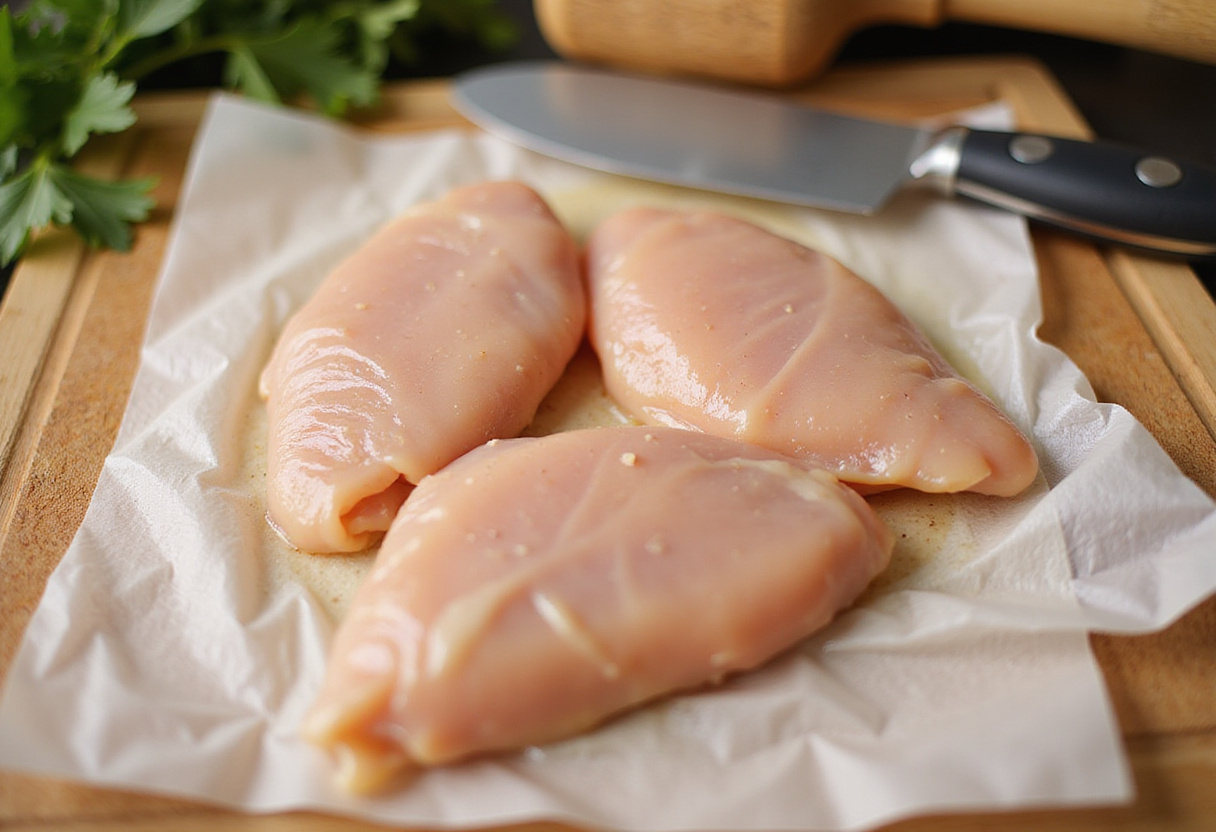 Preparando rollito de pollo con pechugas aplastadas para la receta de pollo deliciosa.