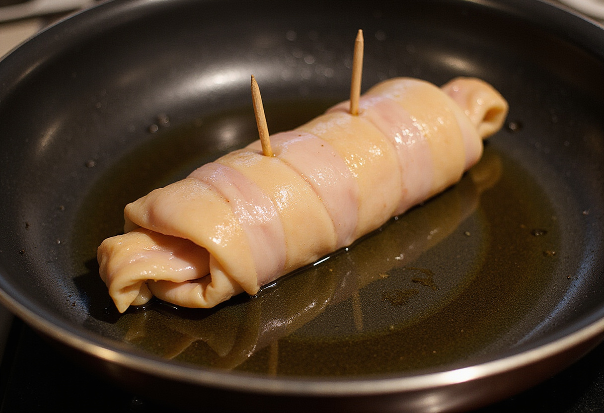 Rollito de pollo listo para cocinar en sartén, mostrando la facilidad de la receta de aperitivo fácil.