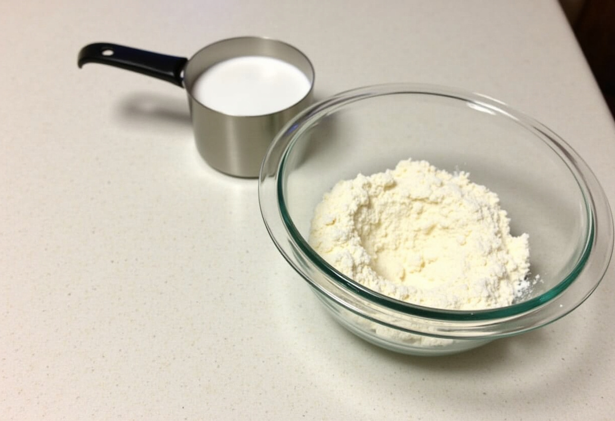 Ingredientes para la receta de Rollitos Brioche de Frambuesa y Limón, harina y azúcar en un tazón.