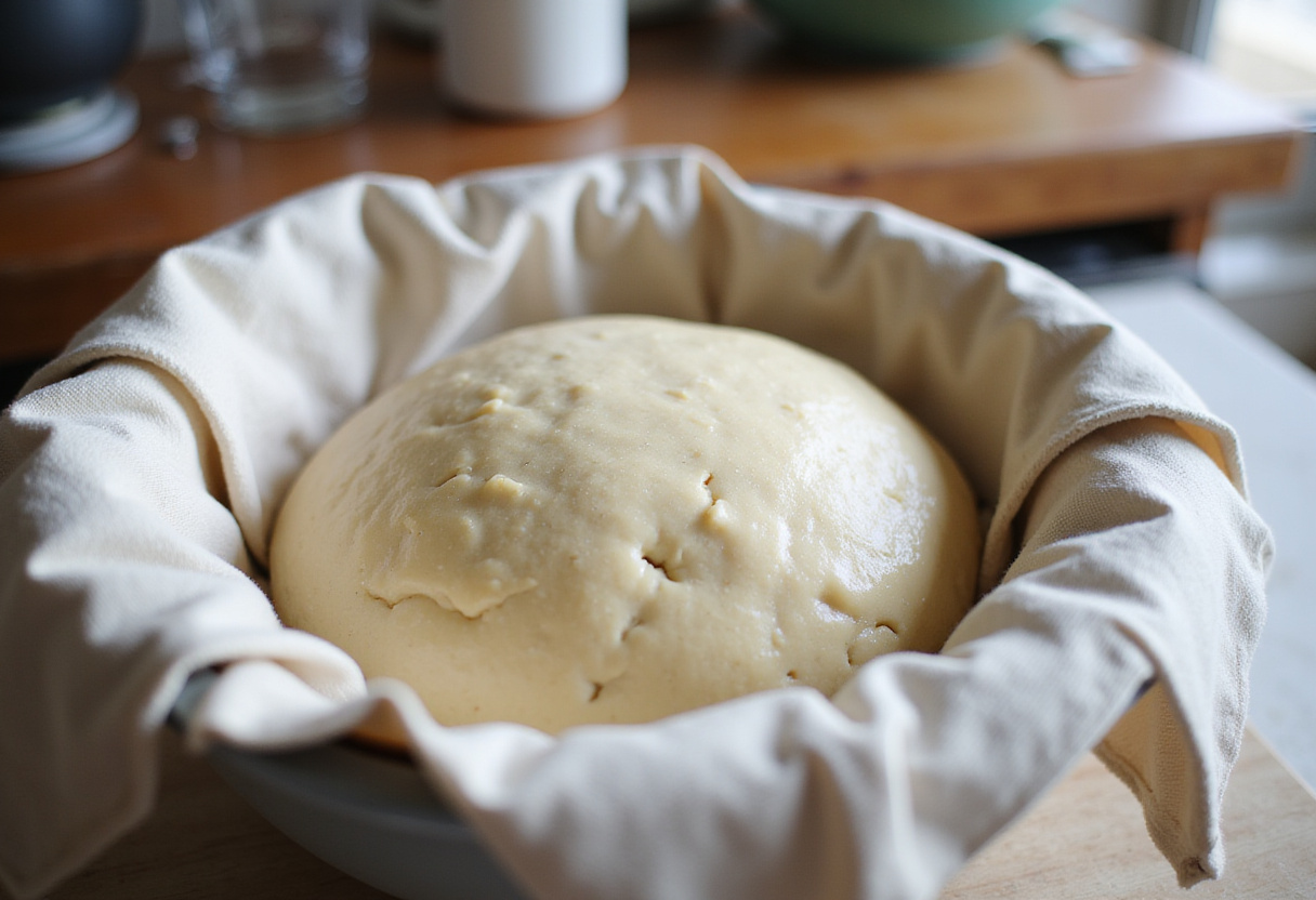 Masa de brioche en crecimiento cubierta con un paño para la receta de rollitos dulces.