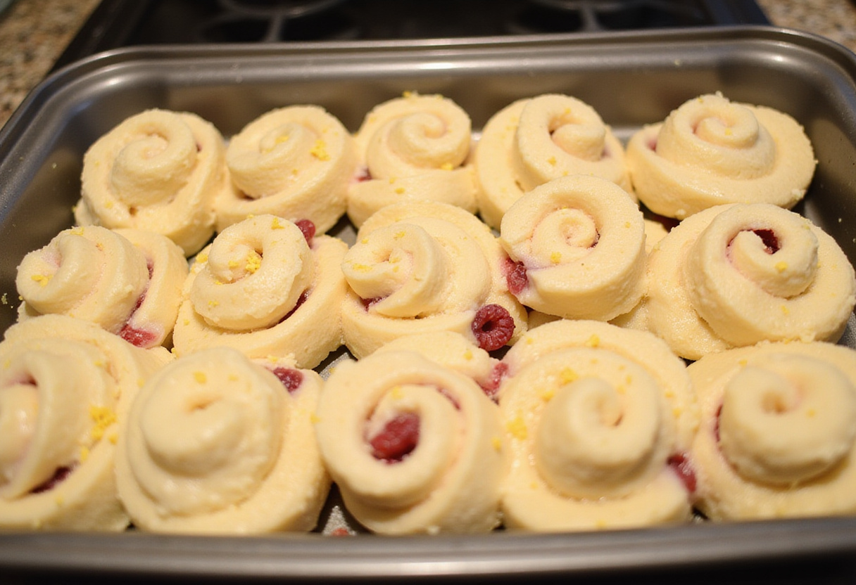 Rollitos de brioche listos para hornear, cargados de sabor a limón y frambuesa.