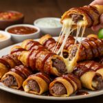 Deliciosos rollitos de carne y tocino BBQ con queso listos para servir en una mesa de fiestas.