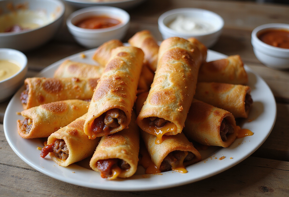Deliciosos rollitos de carne y tocino BBQ con queso listos para servir en una mesa de fiestas.