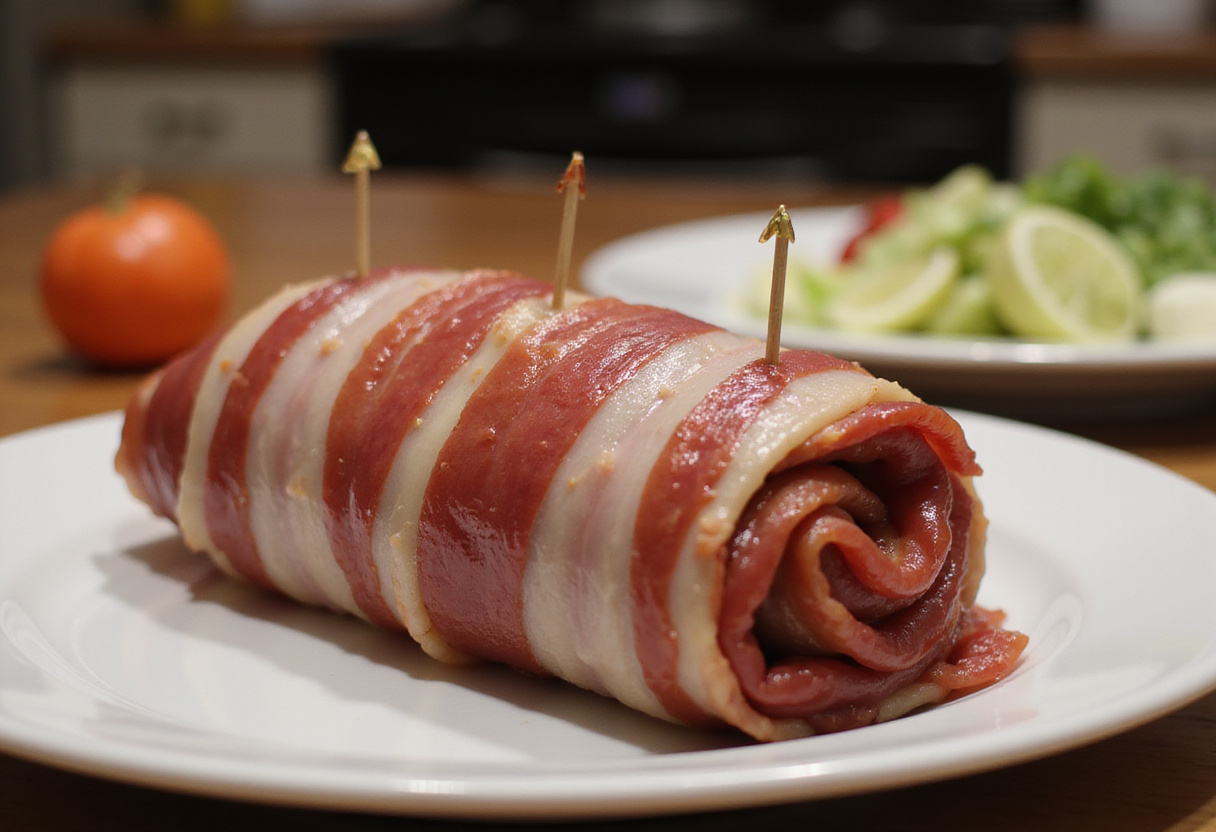 Rollitos de carne y tocino siendo enrollados para la receta de rollitos BBQ.