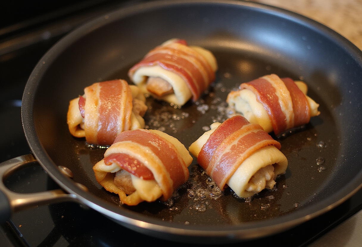 Cocinando rollitos rápidos de carne y tocino en una sartén caliente con aceite.