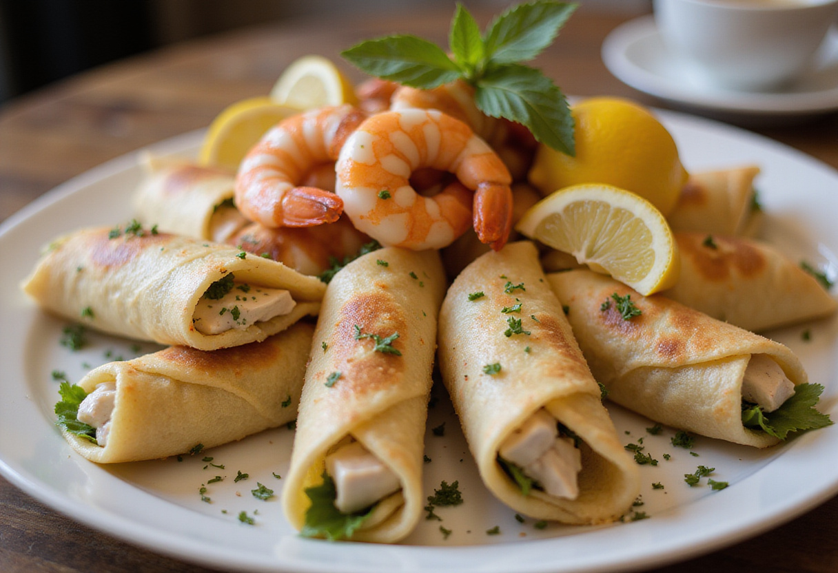 Rollitos de Pollo Caesar con Camarones a la Parrilla servidos en un plato elegante, perfectos para una comida saludable.