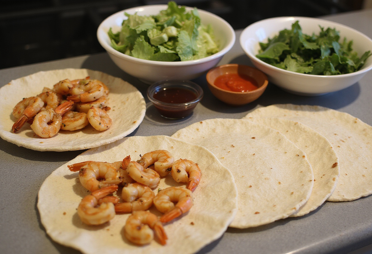 Ingredientes frescos para Rollitos de Pollo Caesar con Camarones a la Parrilla listos para preparar.