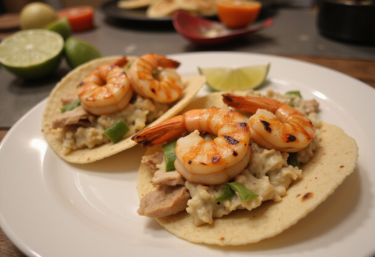 Rellenando tortillas con pollo Caesar y camarones a la parrilla para Rollitos de Pollo Caesar.